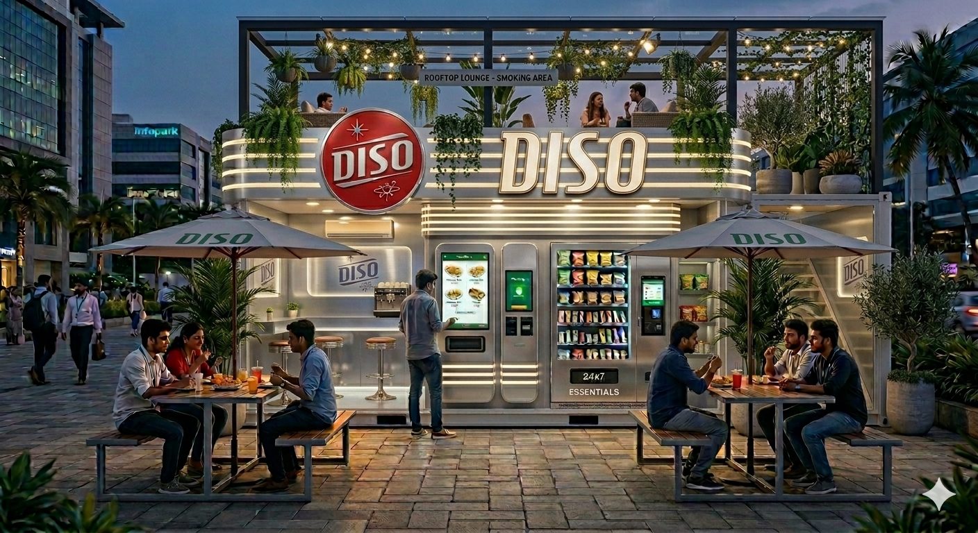 A DISO pod glowing at dusk — automated food and convenience storefront