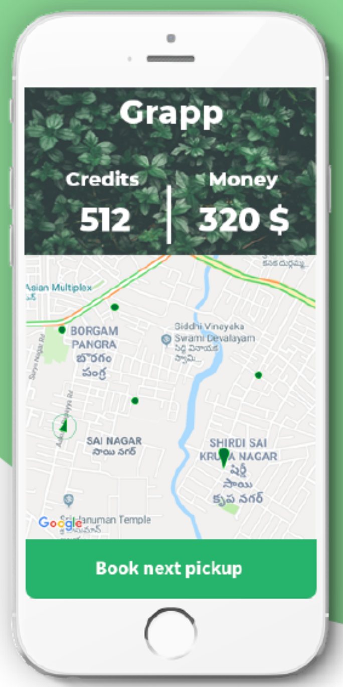 Grapp app home screen showing credits, money and a map with a Book next pickup button.